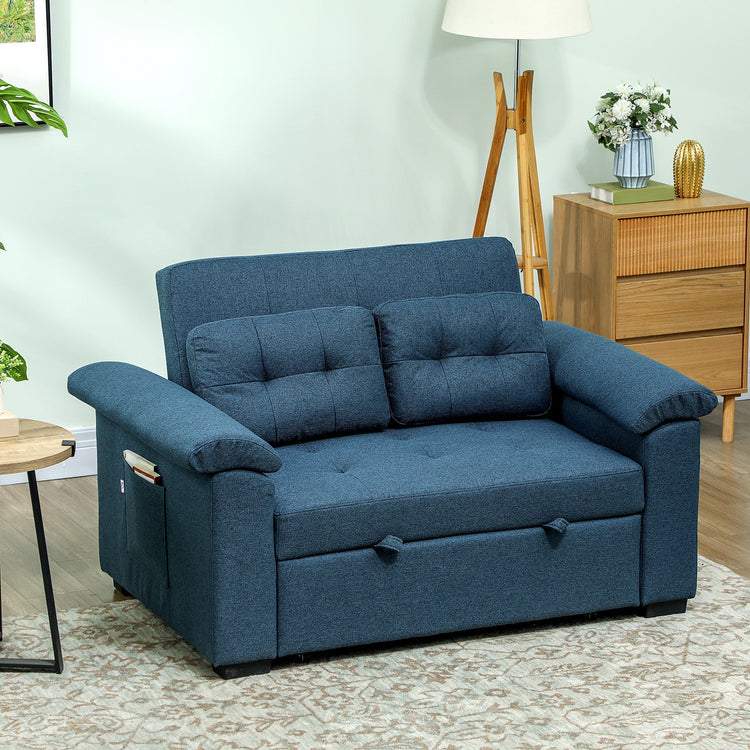 HOMCOM Pull Out Sofa Bed with 2 Pocket Springs, Fabric 2 Seater Click Clack Sofa Bed Settee, Convertible Sofa Couch with Pillows and Side Pockets for Living Room, Home Office, Blue