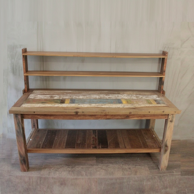 Recycled Teak Wood Dining Table with Top Shelf 220×80x80cm