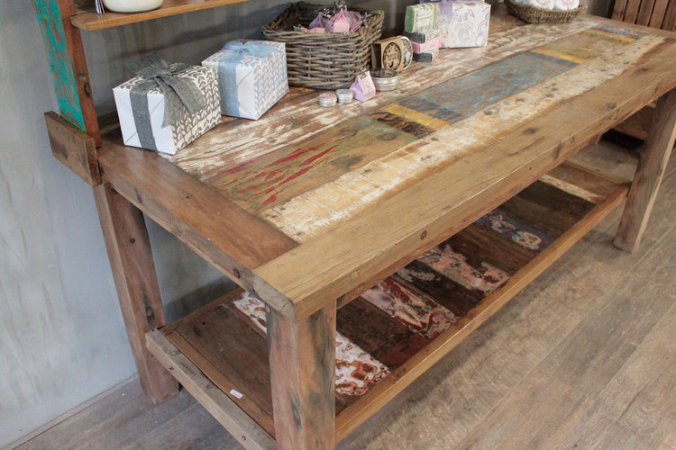Recycled Teak Wood Dining Table with Top Shelf 220×80x80cm