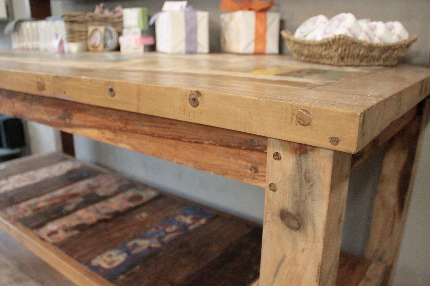 Recycled Teak Wood Dining Table with Top Shelf 180×80x80cm