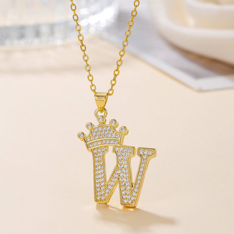 1PCS Fashionable Gold Diamond Crown Uppercase Letter Popular Pendant Necklace Suitable For Daily Use Festivals Parties Gifts Jewelry Set