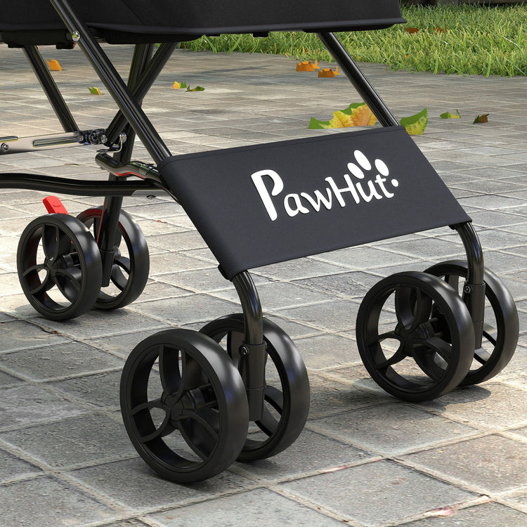 PawHut Dog Stroller, Foldable Cat Dog Pram for Miniature Breeds, Pet Stroller with Brake, Mesh Windows, Black