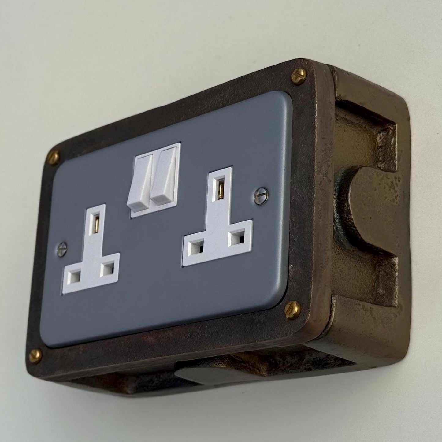 Grey Metal Clad Double Switched 13A Power Socket 230V 2 Gang Socket Antique Brass Conduit Switch