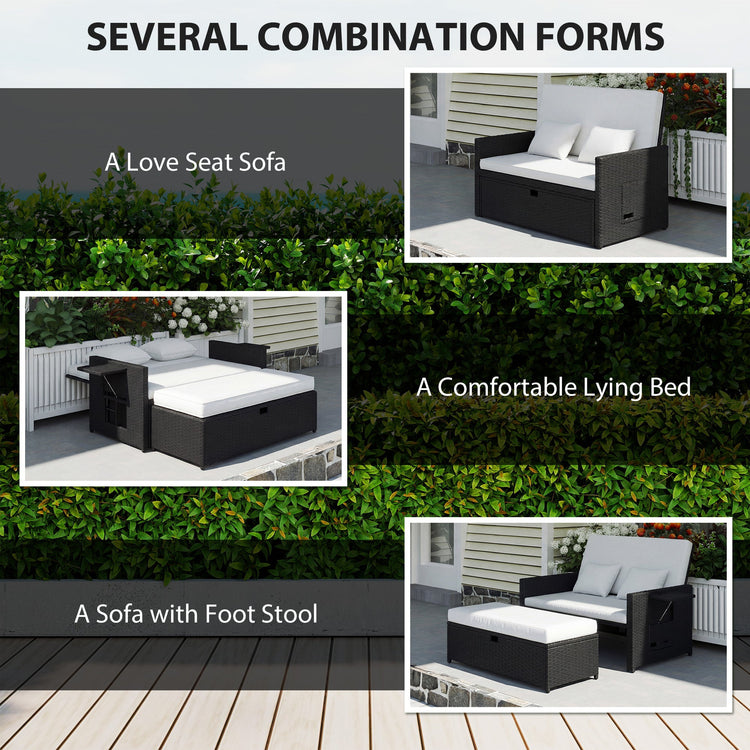 Outsunny Rattan Garden Daybed, Double Sun Lounger with 5-Level Adjustable Back, Storage Ottoman, Cream White