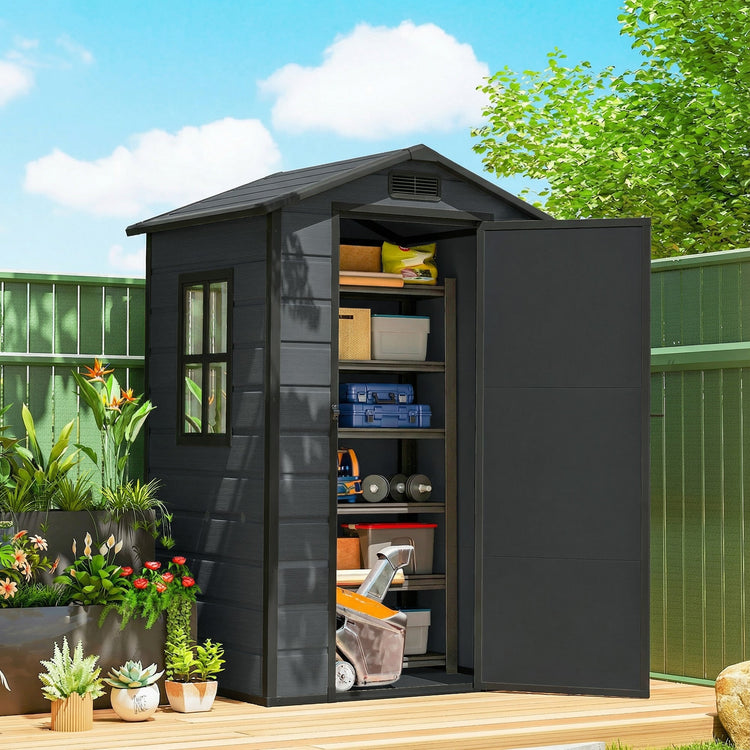 Outsunny 4 x 3 ft Plastic Garden Shed with Floor, Outdoor Storage Shed with Lockable Door, Window and Vent, Dark Grey