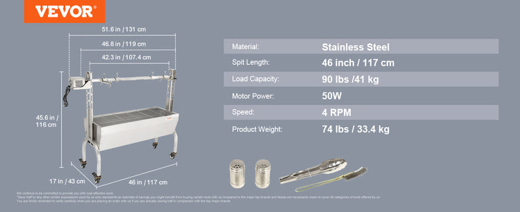 VEVOR Stainless Steel Rotisserie Grill BBQ Whole Pig Lamb Goat Charcoal Spit Grill Electric BBQ Hog Rotisserie Roaster 46 Inch