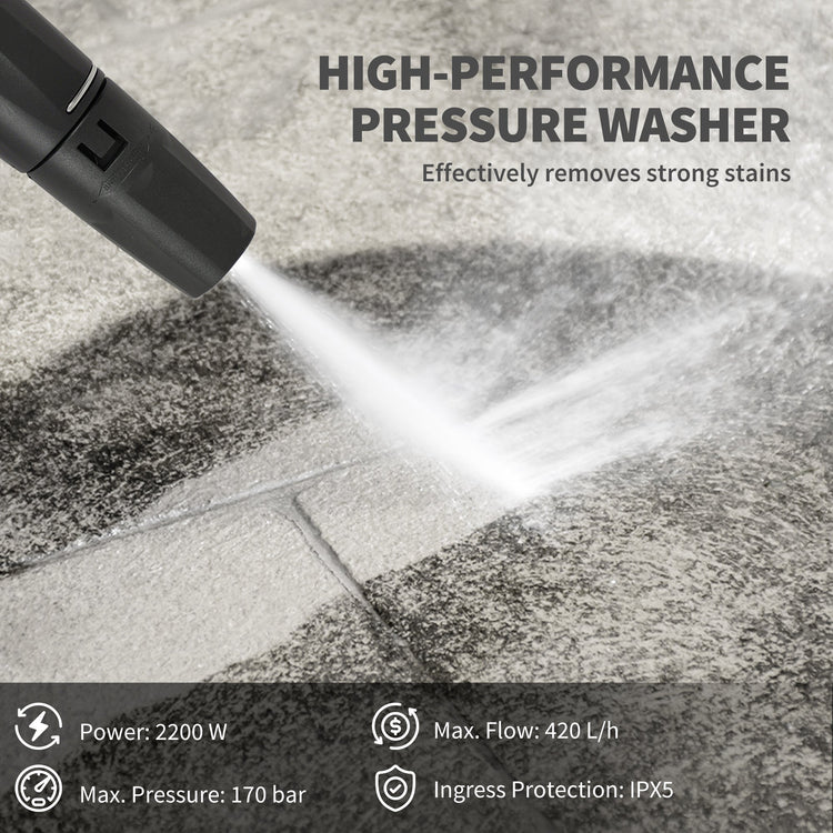 Outsunny 2200W High Pressure Washer, 170 Bar Pressure Washer with Adjustable Nozzle and 6M Hose, 32W x 32D x 80H cm Blue