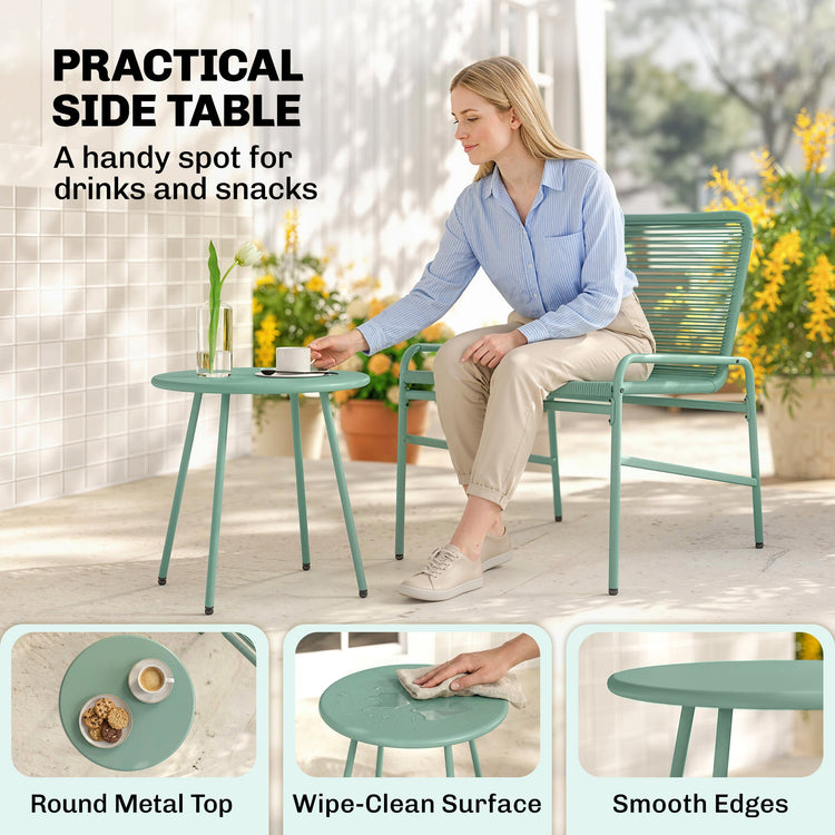Outsunny 3 Piece Rattan Bistro Set, Outdoor Garden Furniture Set with 2 Chairs, Round Coffee Table for Patio, Balcony, Green