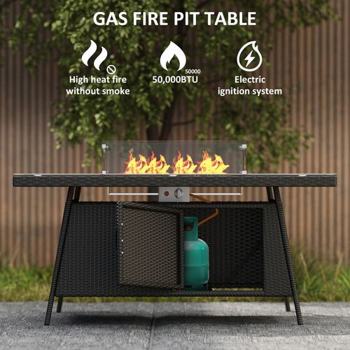 Outsunny Rattan Dining Set with Fire Pit Table and Armchairs, Black