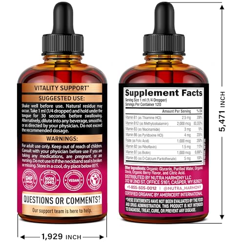 USDA Organic Vitamin B-Complex B5 Pantothenic Acid | B12 Methylcobalamin | B1 Thiamine | B6 Pyridoxine | B7 Biotin | B9 Folic | B3 Niacinamide - B Complex Liquid Drops, Made in USA Supplement, 4fl oz