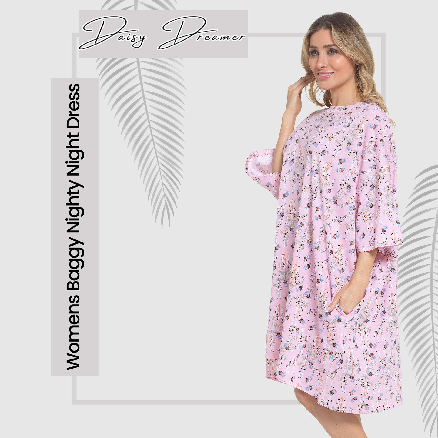 Daisy Dreamer Women Giraffe Print Nighty Dress Baggy Oversized 100% Cotton Short Sleeved