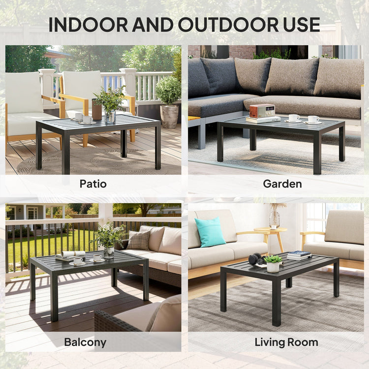 Outsunny Outdoor Side Table, Rectangular Patio Coffee Side Table with Steel Frame and Slat Tabletop for Garden, Balcony, Grey