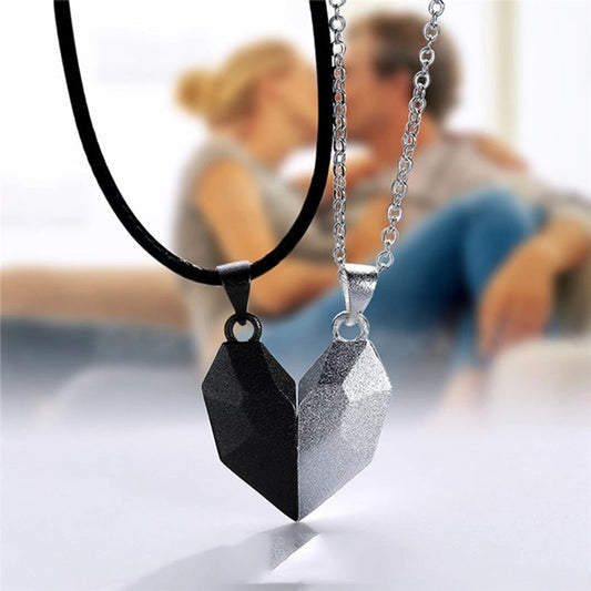 Attractive Wishing Stone Couple Pendant Necklace Ancient Love Token Heart-shaped Electrocardiogram Magnetic Heart Pendant Splicing Necklace Valentine's Day Gift