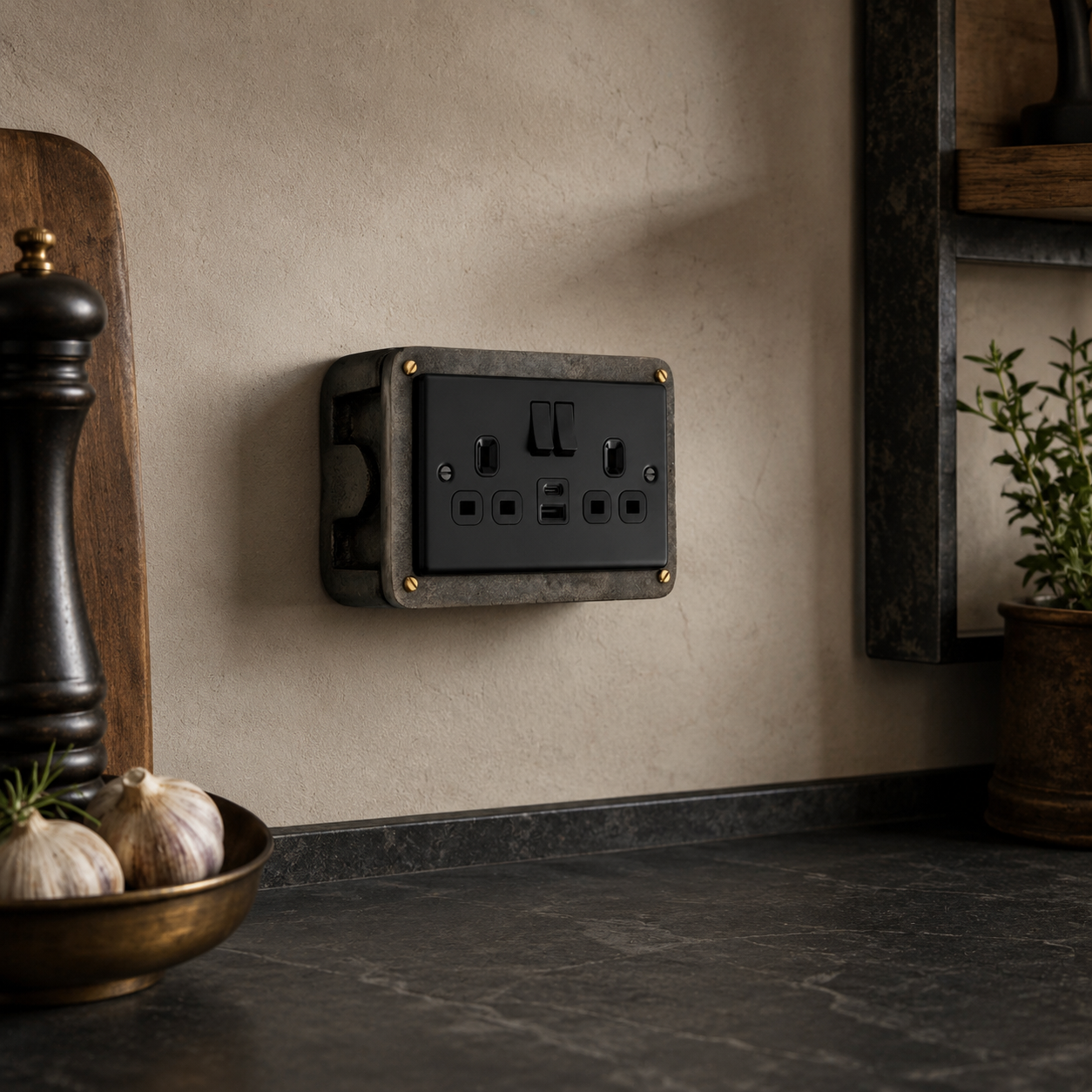Matt Black Double Gang Plug Socket with Industrial Antique Brass Back Conduit Box