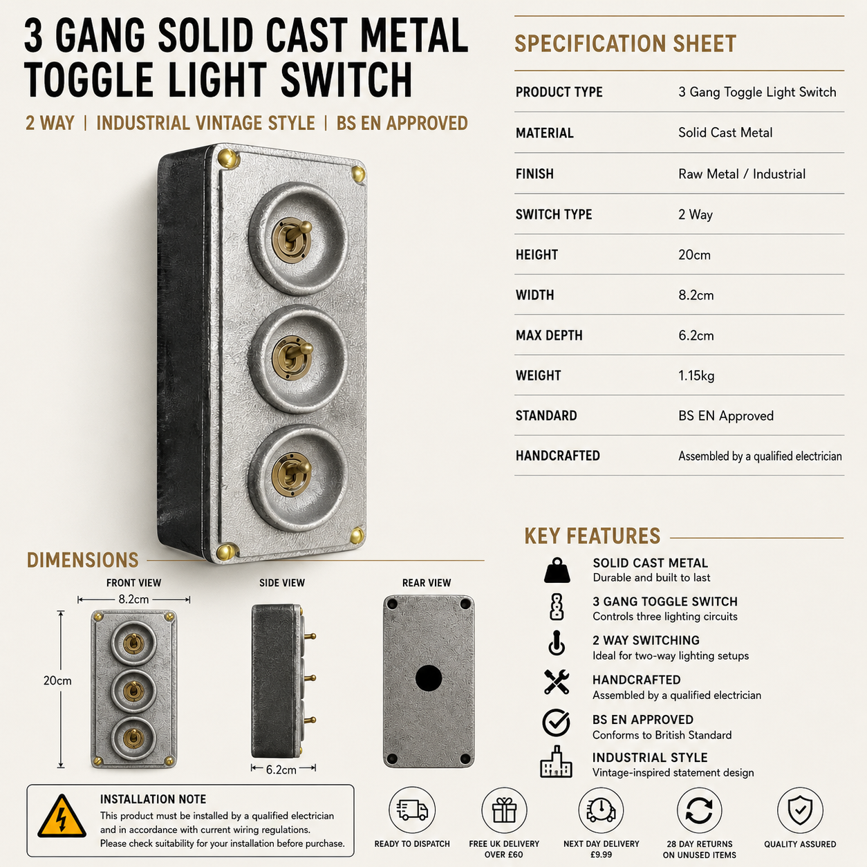 3 Gang 2 Way Solid Cast Metal Toggle Light Switch | Industrial Vintage Surface Mounted *Factory Second*