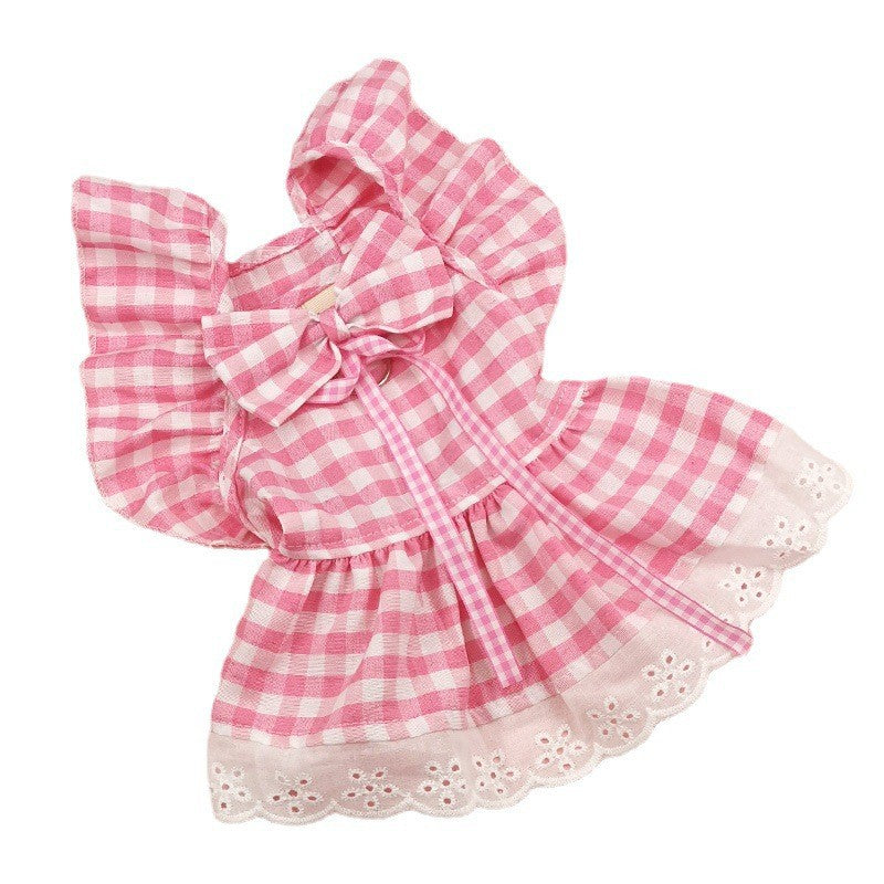 Pet Flying Shoulder Sleeve Plaid Lace Dog Skirt