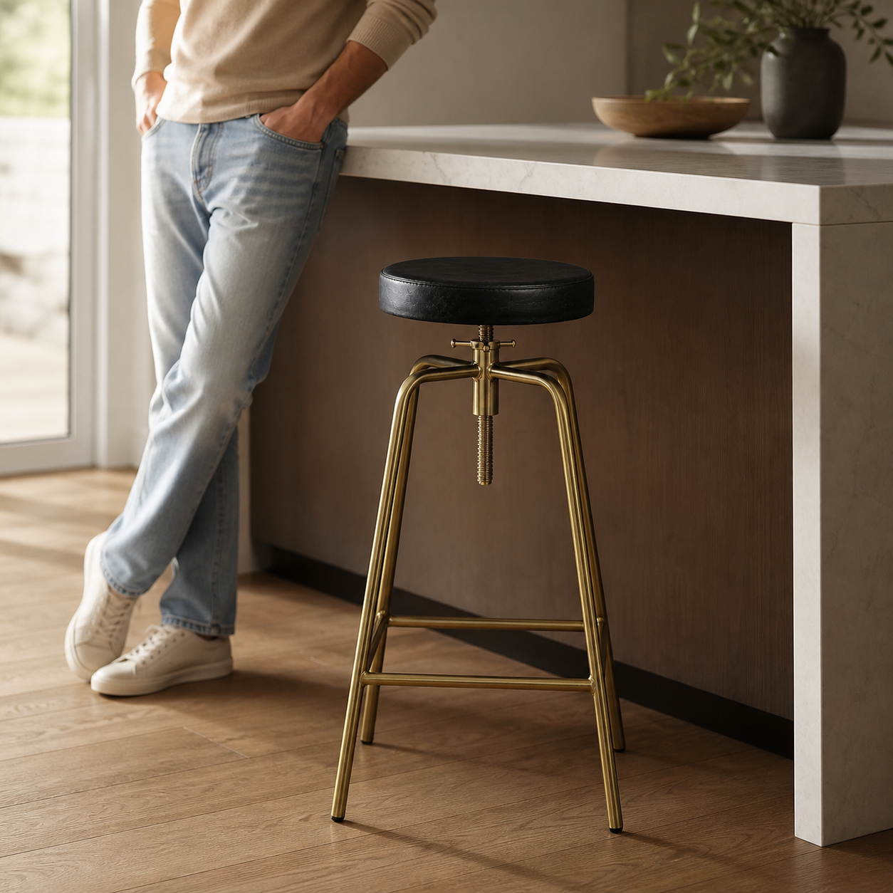 Antique Brass & Black Leather Adjustable Bar Stool