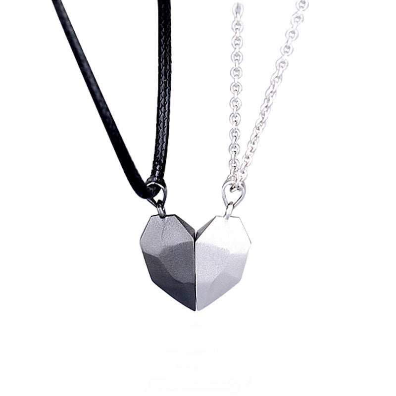 Attractive Wishing Stone Couple Pendant Necklace Ancient Love Token Heart-shaped Electrocardiogram Magnetic Heart Pendant Splicing Necklace Valentine's Day Gift