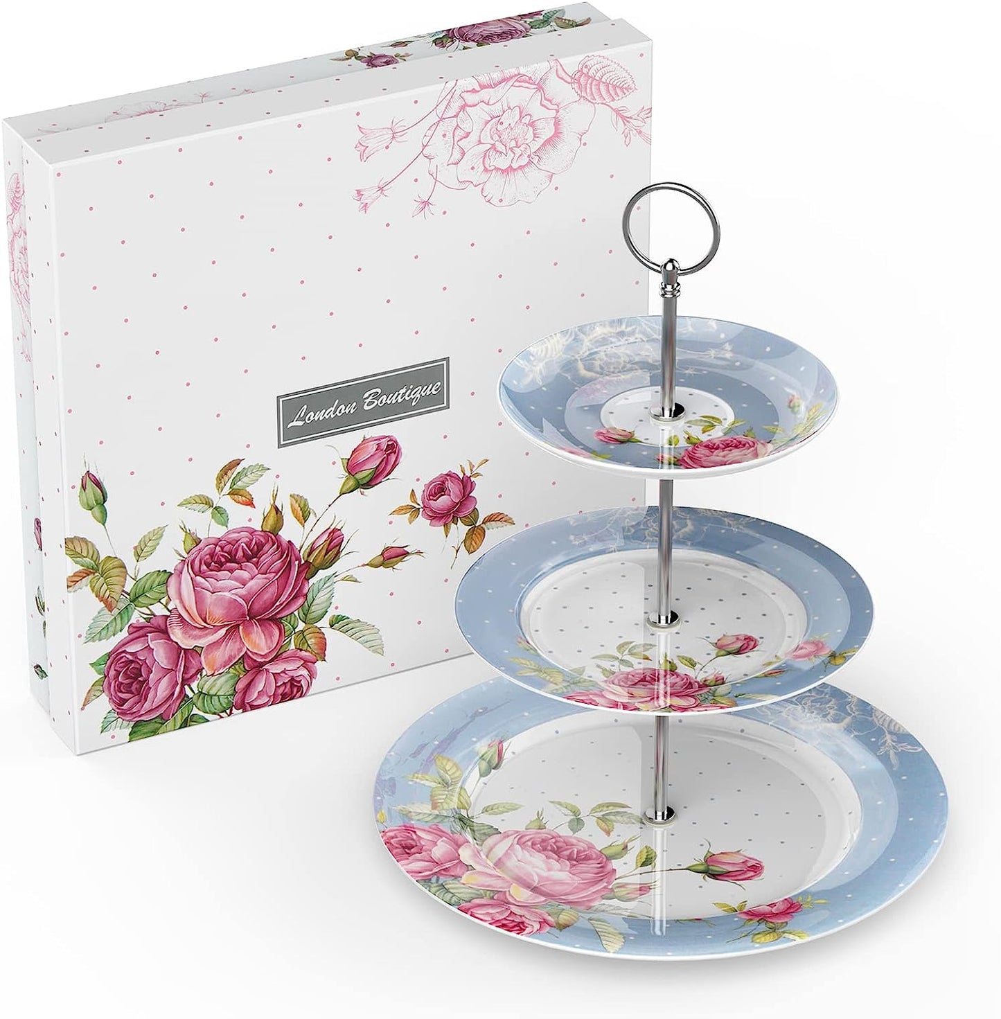 Mothers Day Coronation PartyAfternoon Tea Coffee Cake Set with- 3 Tier Cake Stands 2 Cups 2 Saucers 4 Plates (Blue)