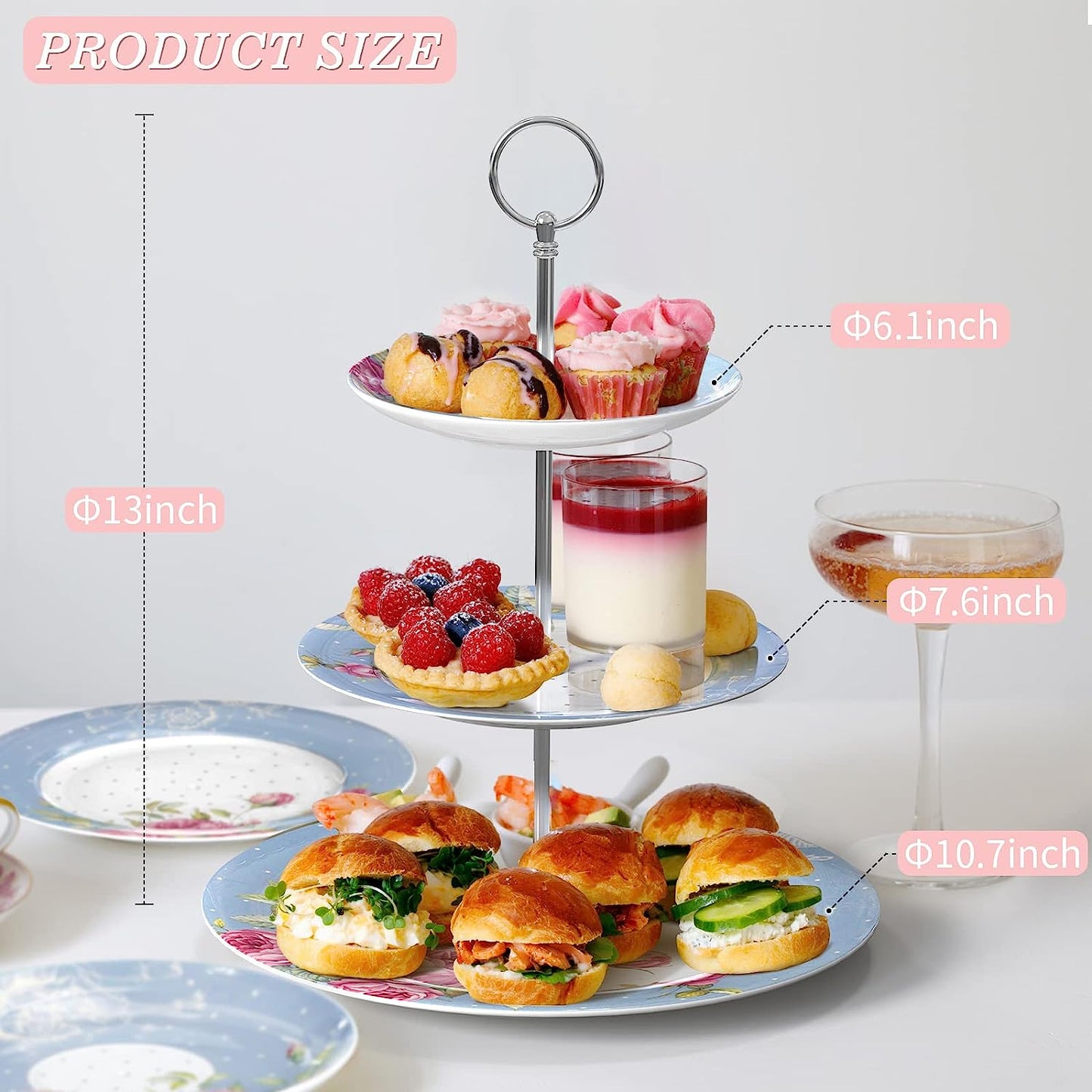 Mothers Day Coronation PartyAfternoon Tea Coffee Cake Set with- 3 Tier Cake Stands 2 Cups 2 Saucers 4 Plates (Blue)