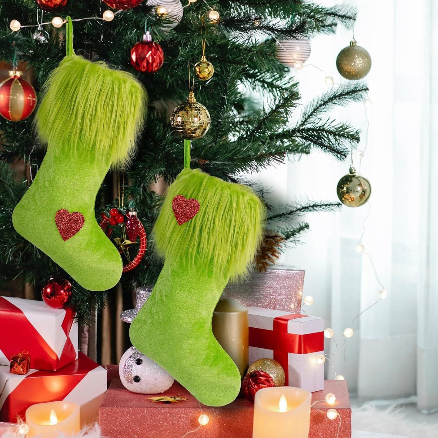 Christmas Green Fur Ornament Christmas Stockings Plush Candy Gift Bag