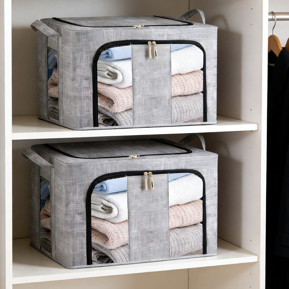 2 Pack Extra Large 66L Folding Storage Boxes Fabric Steel Frame Wardrobe Clothes Organiser