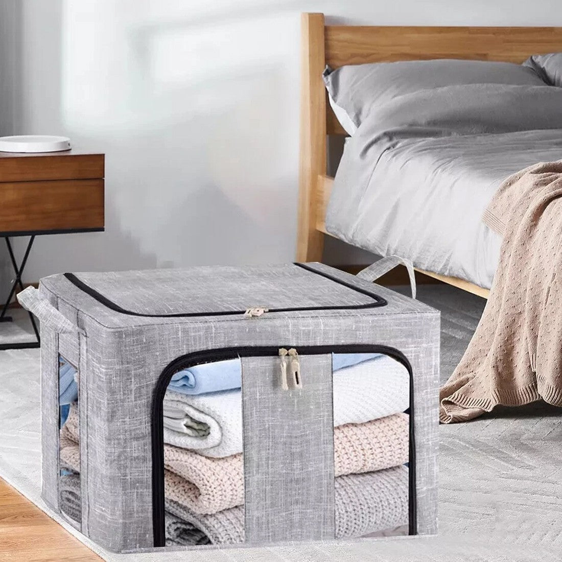 2 Pack Extra Large 66L Folding Storage Boxes Fabric Steel Frame Wardrobe Clothes Organiser