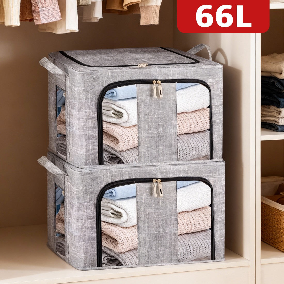2 Pack Extra Large 66L Folding Storage Boxes Fabric Steel Frame Wardrobe Clothes Organiser