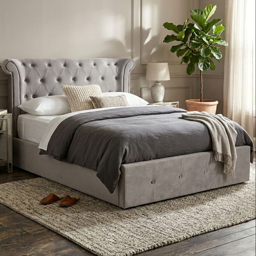 Edison Grey Velvet Ottoman Double Bed