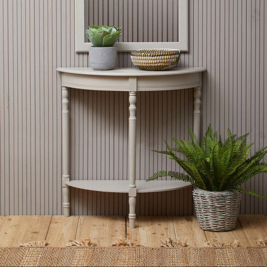 Grey Half Moon Wooden Console Table with 1 Lower Storage Shelf | Heritage
