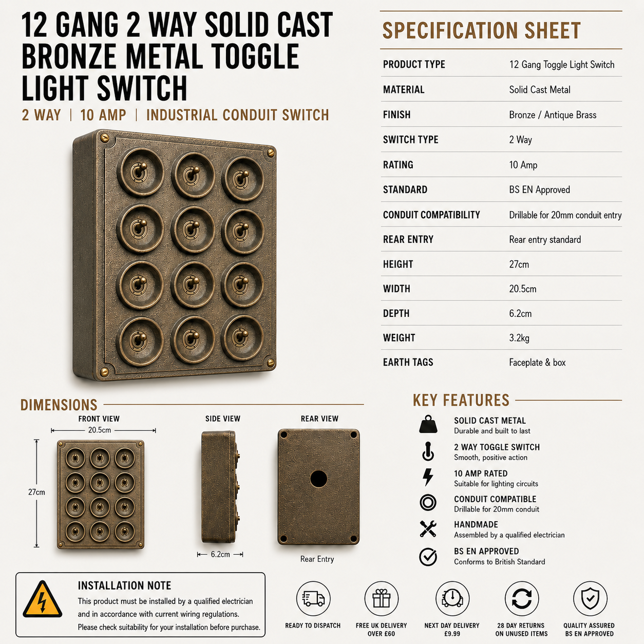 12 Gang 2 Way Antique Brass Solid Cast Metal Conduit Toggle Light Switch