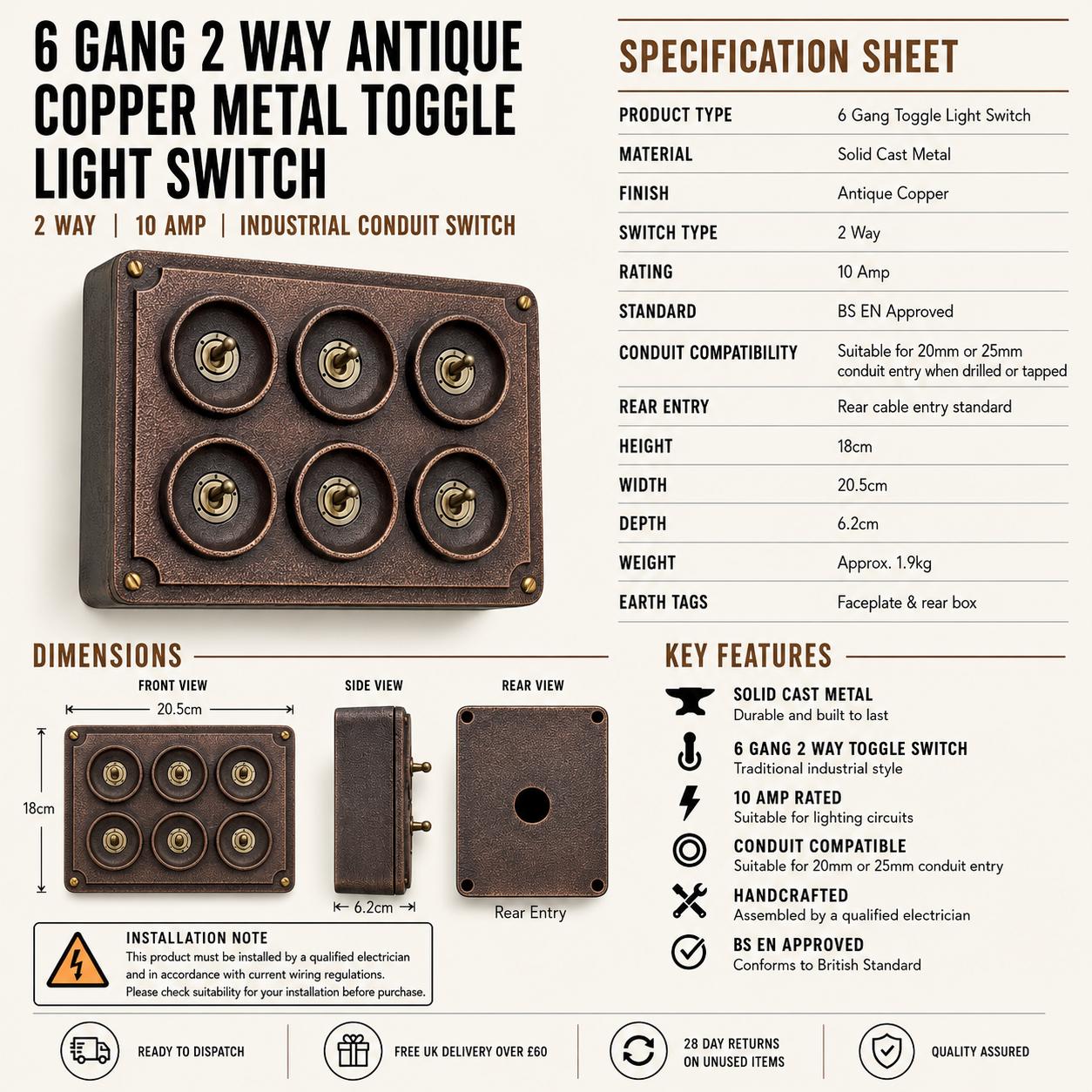 6 Gang 2 Way Antique Copper Conduit Toggle Light Switch | Cast Metal