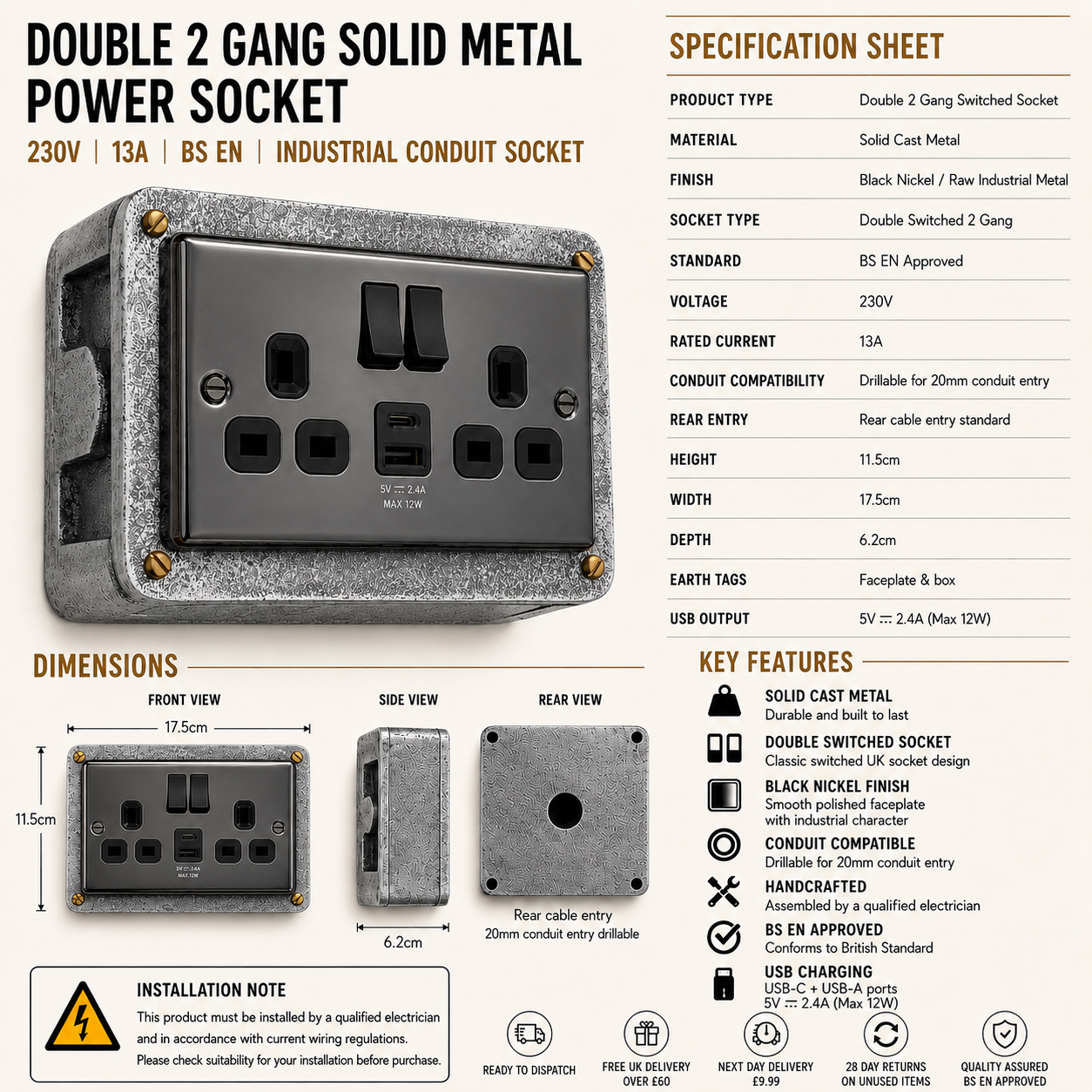 Black Nickel Double Switched 13A Socket | 2 Gang Solid Cast Metal Industrial Power Socket