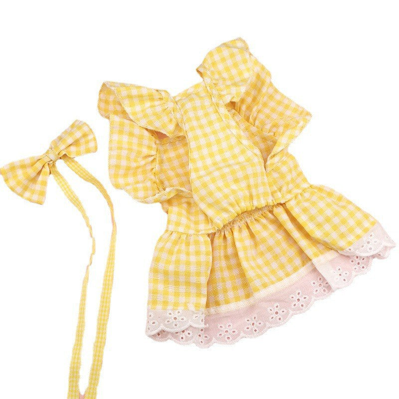 Pet Flying Shoulder Sleeve Plaid Lace Dog Skirt