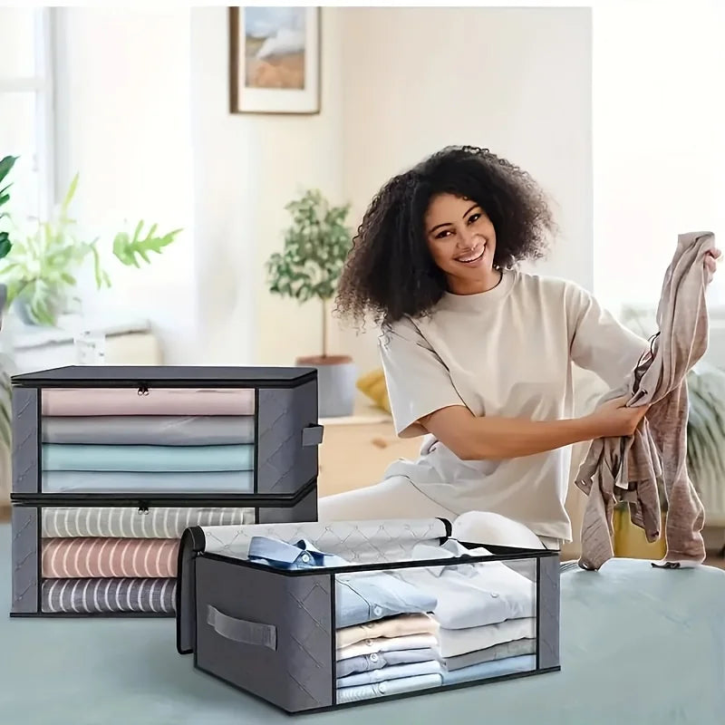 3 Pack Grey Foldable Storage Bags with PVC Window Clothes Blanket Organiser Box