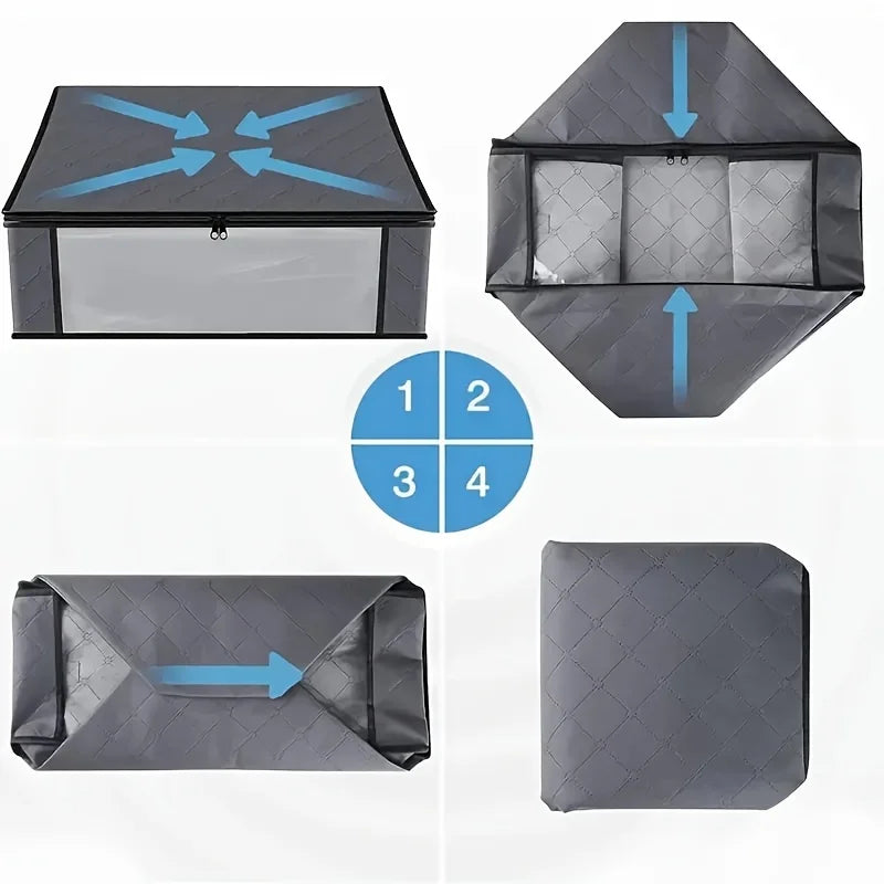3 Pack Grey Foldable Storage Bags with PVC Window Clothes Blanket Organiser Box