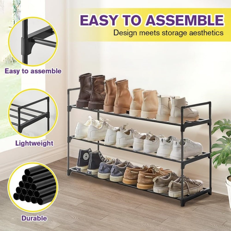 3 Tier Extendable Metal Shoe Rack Black Space Saving Organiser Shoes Storage