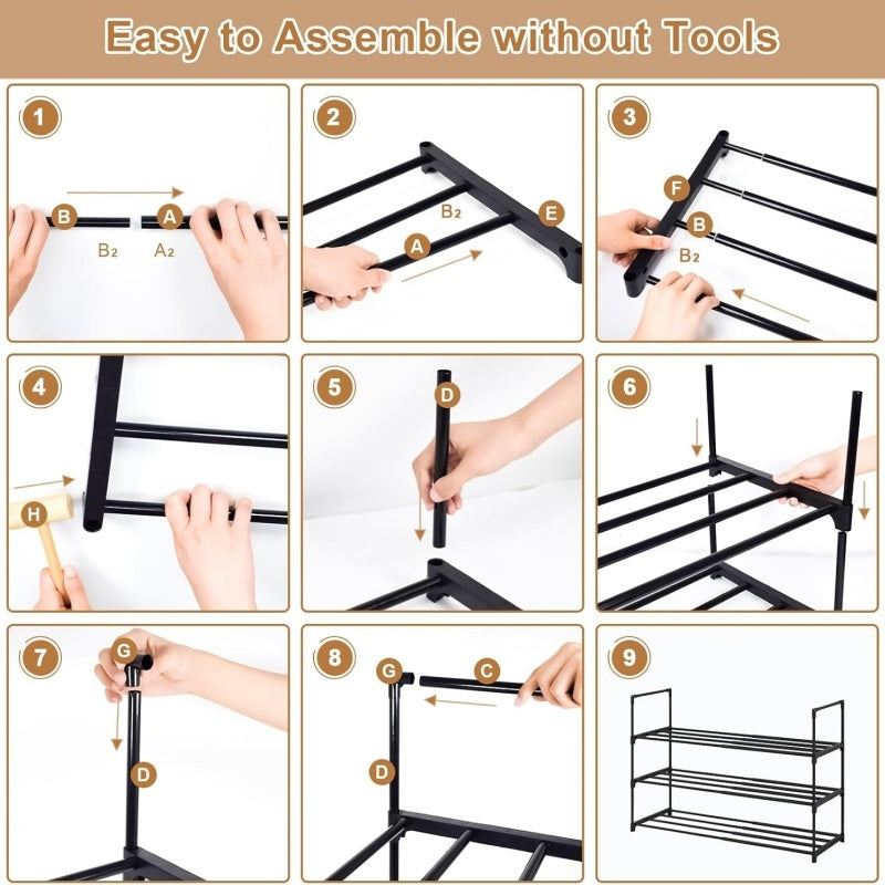 3 Tier Extendable Metal Shoe Rack Black Space Saving Organiser Shoes Storage