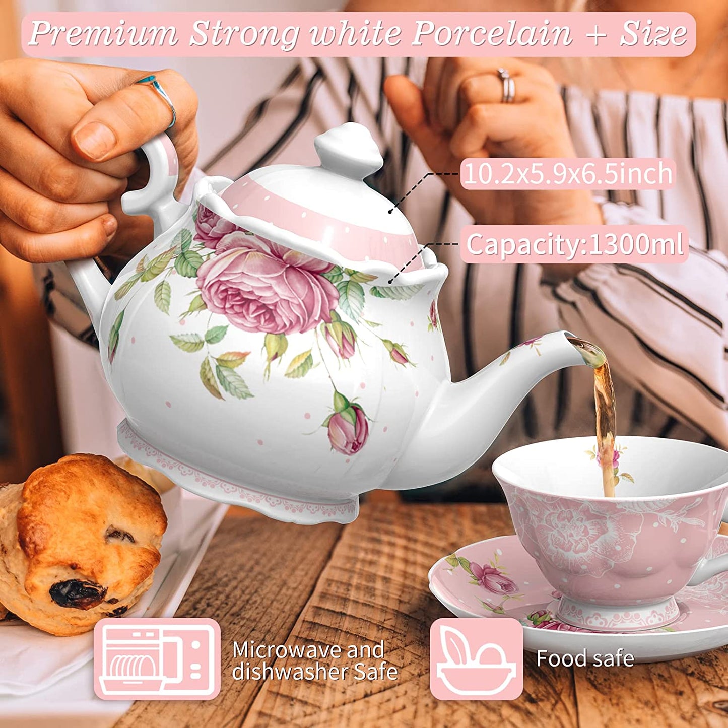 After Tea Coffee Set in Pink Rose Teapot Set, Cups/ Saucers Cake Stand