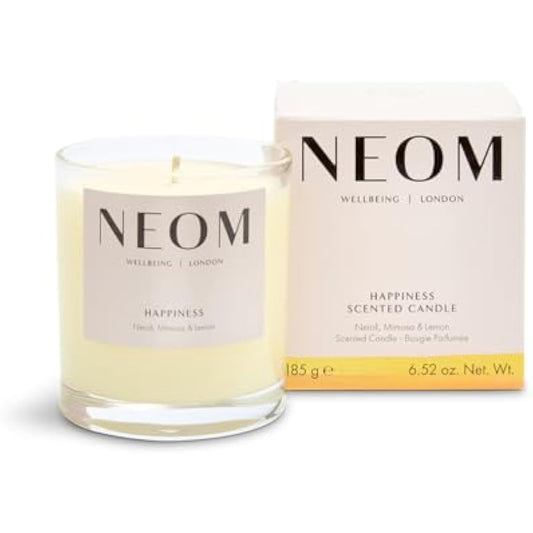 Neom Happiness Scented Candle, 1 Wick | Essential Oil Aromatherapy Candle | Neroli, Mimosa & Lemon | Scent to Make You Happy,White,185 g (Pack of 1),1101170