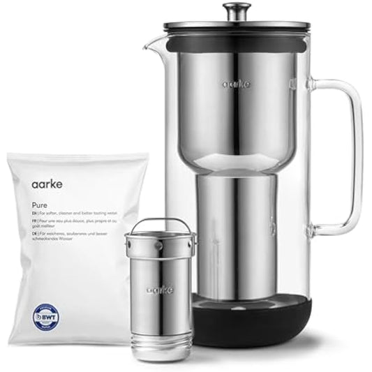 Aarke Purifier Water Filter Jug 1.2L/5 cups Glass & Stainless Steel – Includes Pure Filter Refill Bag