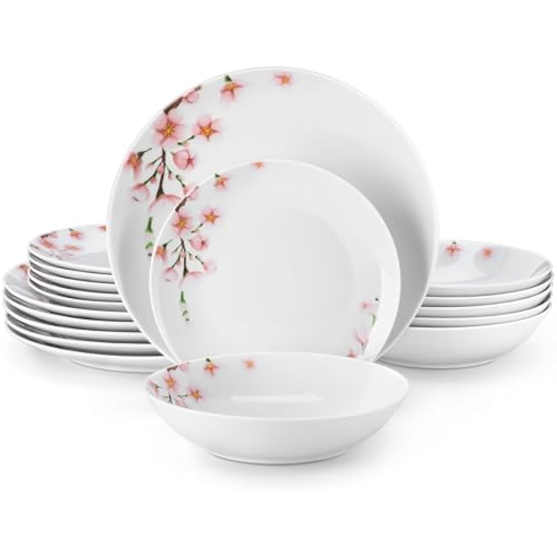 VEWEET Dinner Sets for 6 People, Porcelain Plates and Bowls Set, Dinner Plates, Dessert Plates, Soup Bowls, 18 Pieces, Round, Series Annie