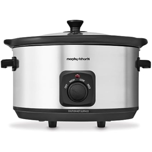 Morphy Richards 6.5L Slow Cooker, Ceramic Pot, 3 Cooking Settings, Easy Clean, Silver, 461013, Brushed Steel