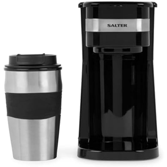 Salter One Cup Coffee Maker – Filter Coffee Machine, Washable & Reusable Filter, Includes 420ml Stainless Steel Travel Mug, Brew Coffee To Go In 3-4 Minutes, Suitable For Ground Coffee/Pads, EK2408