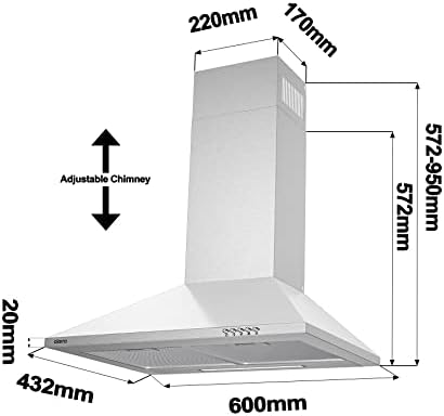 CIARRA Cooker Hoods 60cm CBCS6201 Stainless Steel Chimney vent Hood 600mm with Carbon Filters Recirculating Ducting Wall Mounted Kitchen Ventilation Extractor Fan
