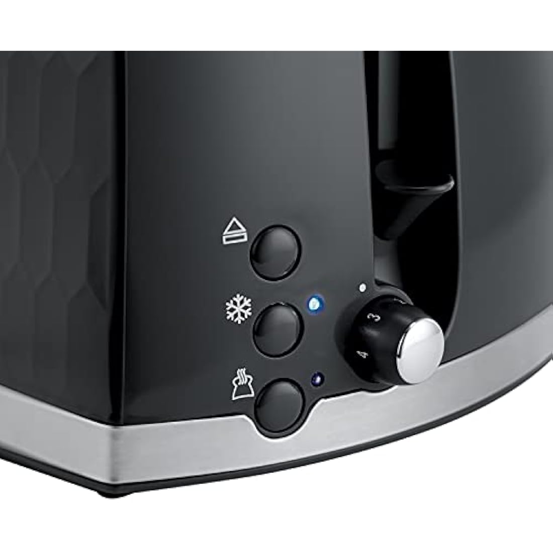 Russell Hobbs Honeycomb 2 Slice Toaster (Extra wide slots, High lift feature, 6 Browning levels, Frozen/Cancel/Reheat function, Removable crumb tray, 850W, Black, Textured high gloss) 26061