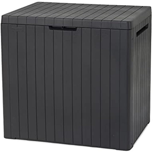 Keter City 113L Outdoor 96% recycled Small Balcony Garden Furniture Storage Box Grey Wood Panel Effect | Fade Free | All Weather Resistant | Safe and Secure | Zero Maintenance | 2 year Warranty