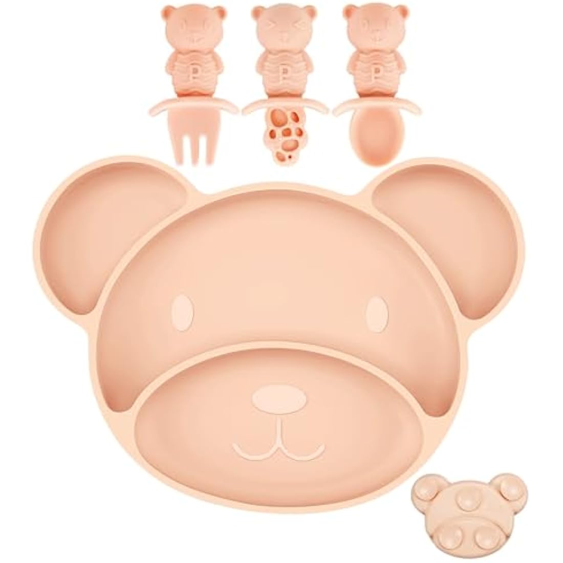 PandaEar Silicone Suction Plate, Spoon and Fork Set, Toddler Self-Feeding, BPA Free, Dishwasher & Microwave Safe, Bear Shape (Pink)