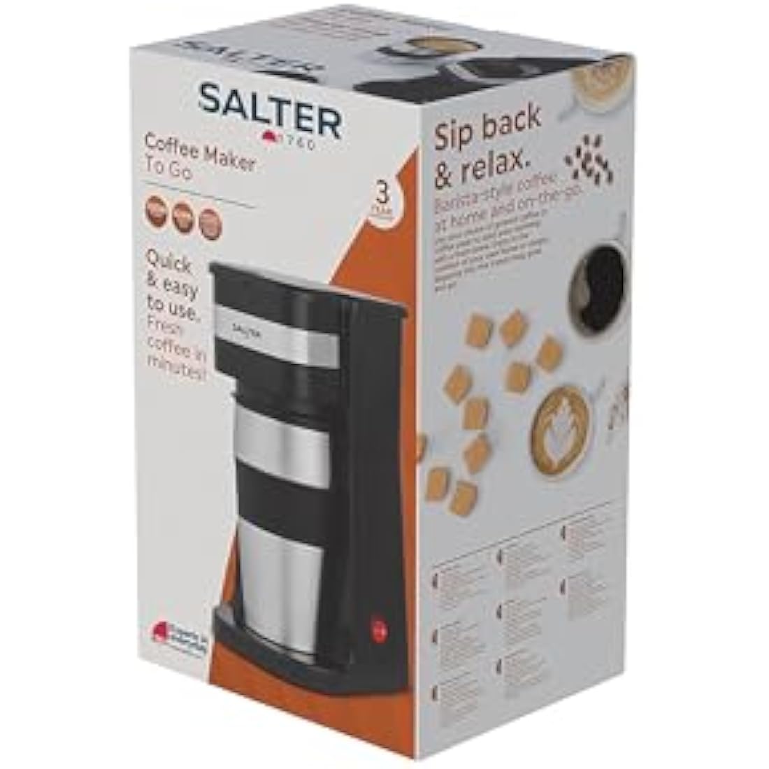 Salter One Cup Coffee Maker – Filter Coffee Machine, Washable & Reusable Filter, Includes 420ml Stainless Steel Travel Mug, Brew Coffee To Go In 3-4 Minutes, Suitable For Ground Coffee/Pads, EK2408