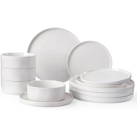Richmount Nebula Dinner Set for 4, 12-Piece Speckled Dinnerware Stoneware Set, Scratch Resistant, Dishwasher & Microwave Safe, Dining Plates and Bowls Sets, White